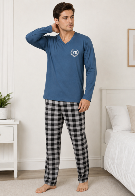 Pijama barbat Serena cu maneca lunga si pantalon lung-Albastru, Engros